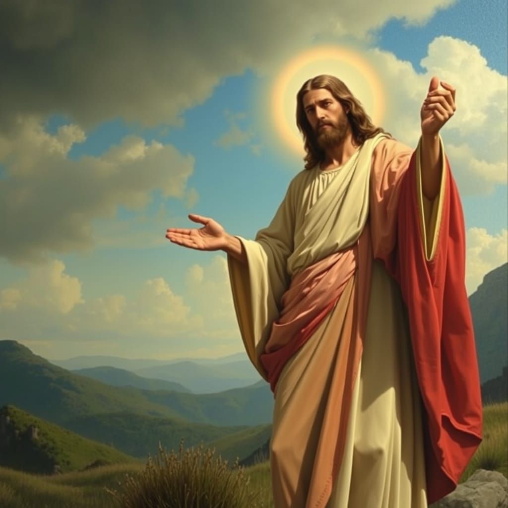 Surreal Jesus Figure in Dreamlike Landscape