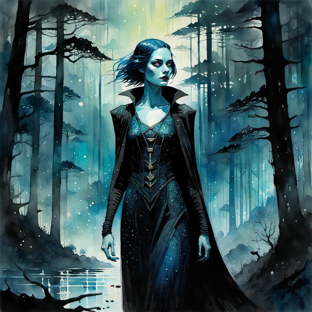 Friendly Vampire Girl in Bioluminescent Forest