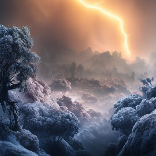 Epic Fantasy Volcano Thunderstorm Amid Snowy Forest Landscap...