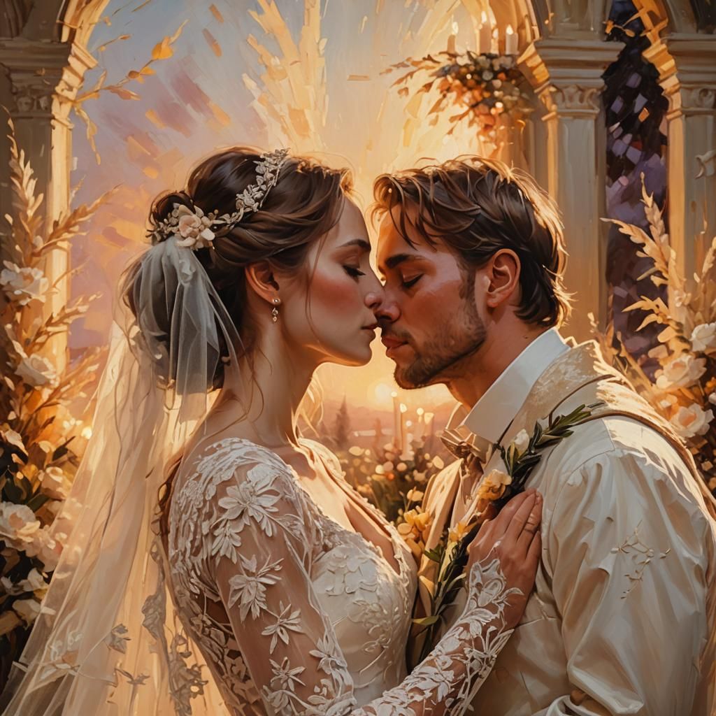 Romantic Wedding Kiss in Golden Light