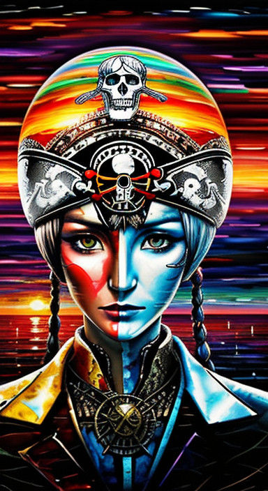 Epic Medieval Pirate Queen in Psychedelic Sunset