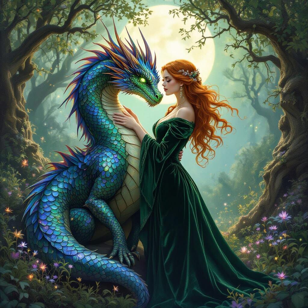 Woman Embraces Shimmering Dragon in Enchanted Forest