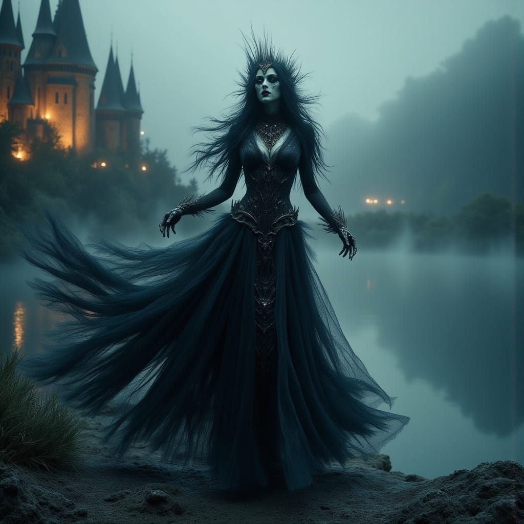 Glowing Banshee Over Misty Lake Next to Castle