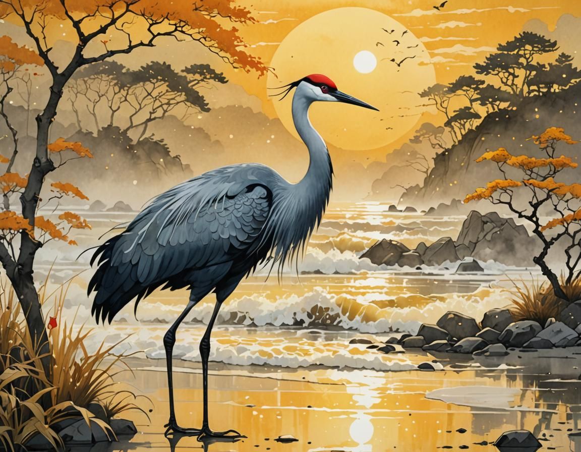 Golden Beach Crane in Misty Morning Light
