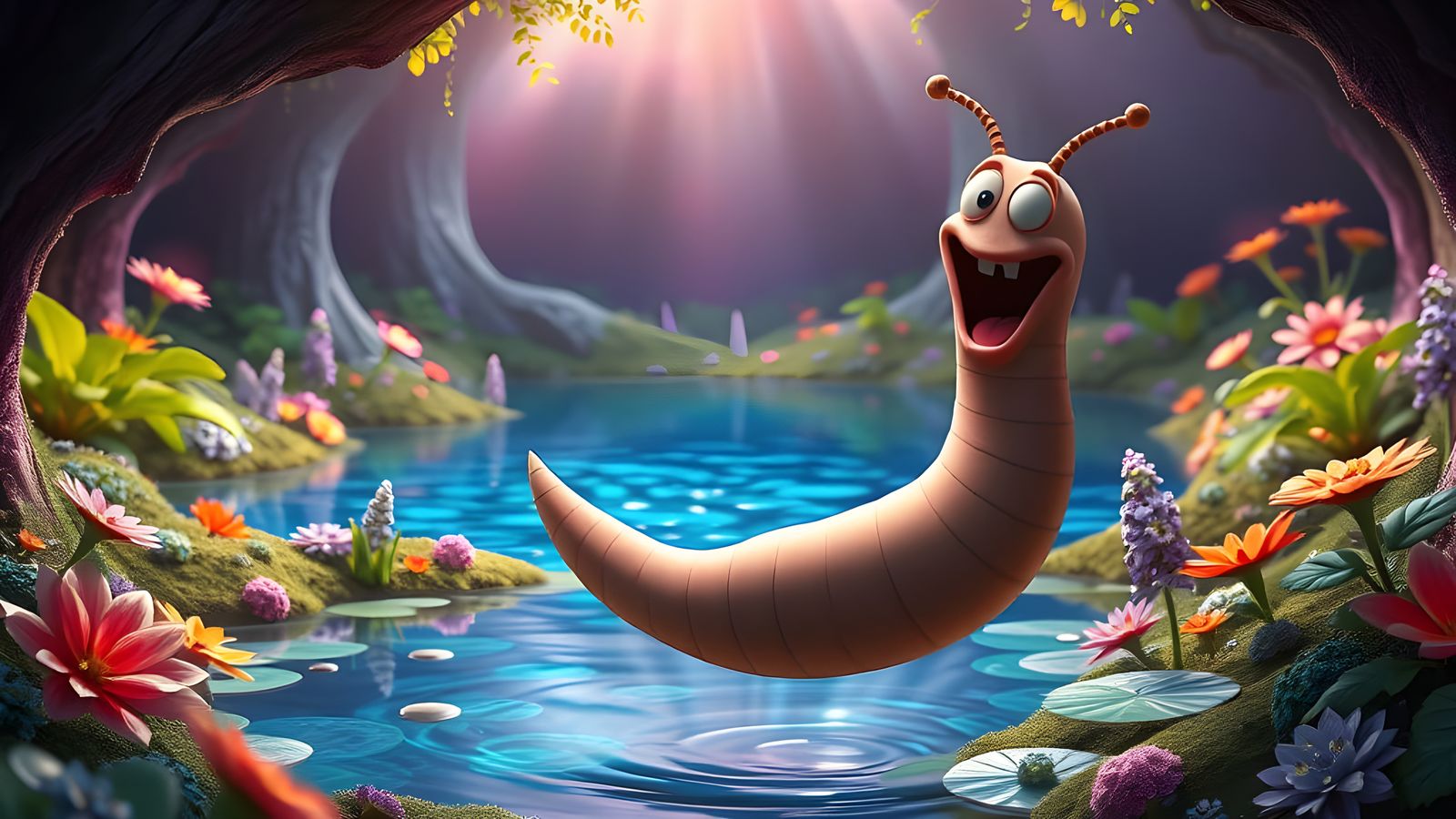 Happy Earthworm in a Fantastical Underground World