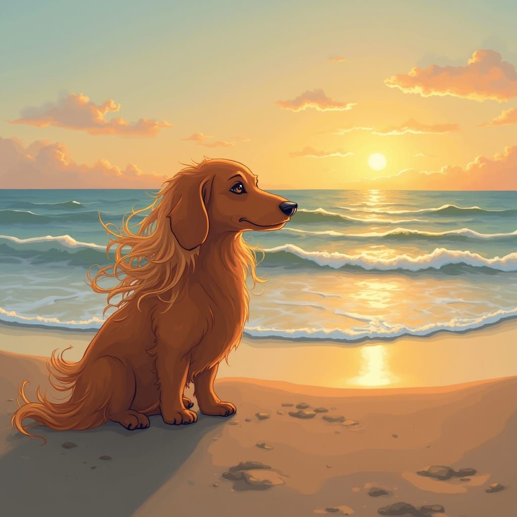 Golden Dachshund on Beach at Sunset