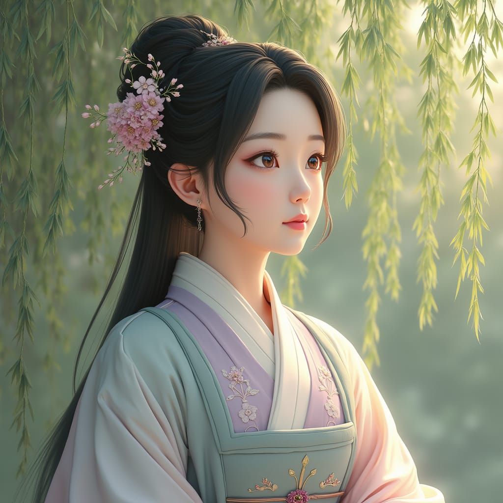 Ethereal Korean Goddess Yuhwa Amidst Majestic Willow Tree