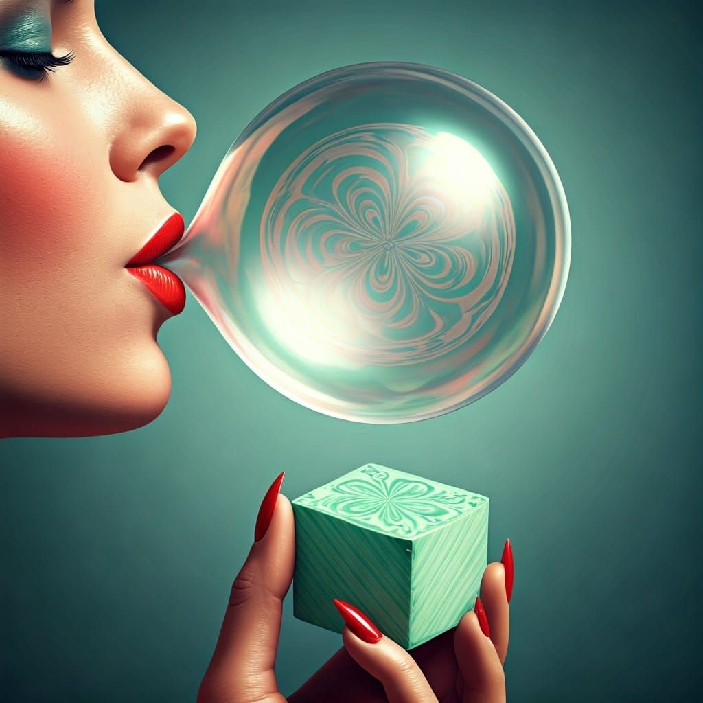 Surreal Art Nouveau-Inspired Scene of a Woman Blowing a Shim...