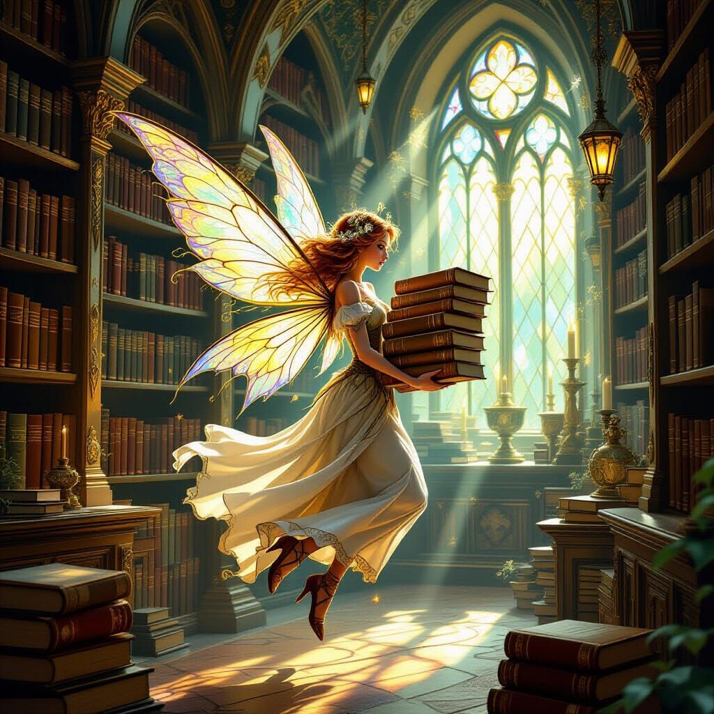 Enchanted Fairy Librarian in Magical Library