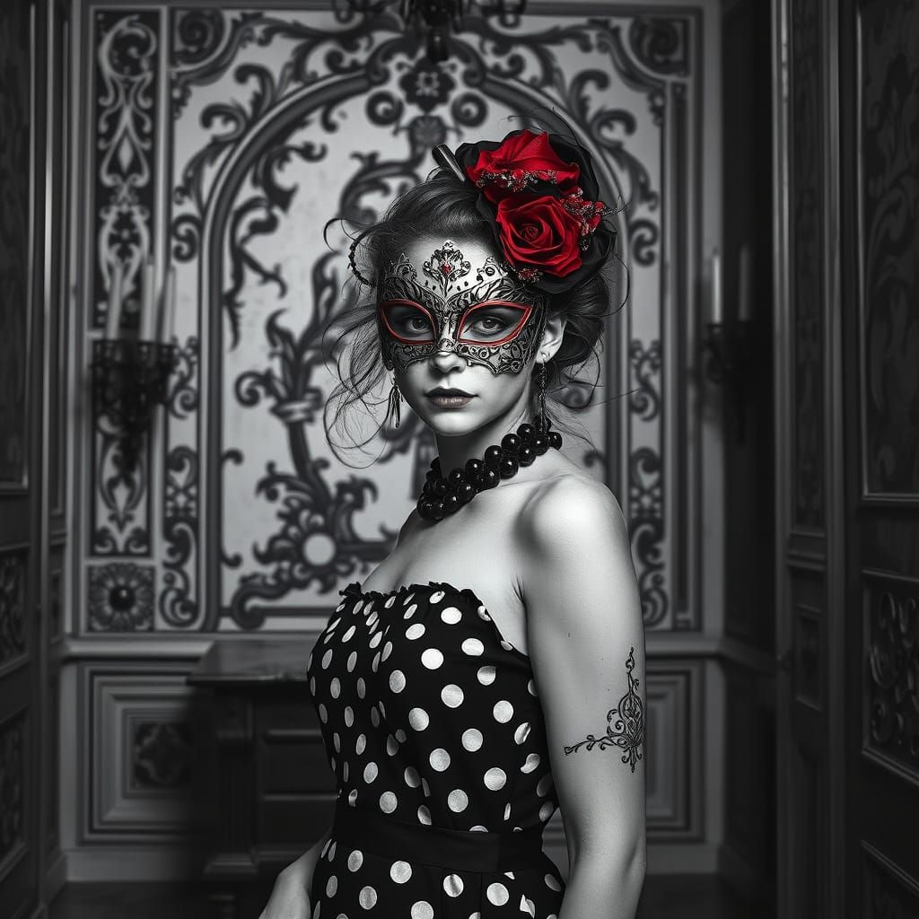 Woman in Polka Dot Dress: Gothic Art Style