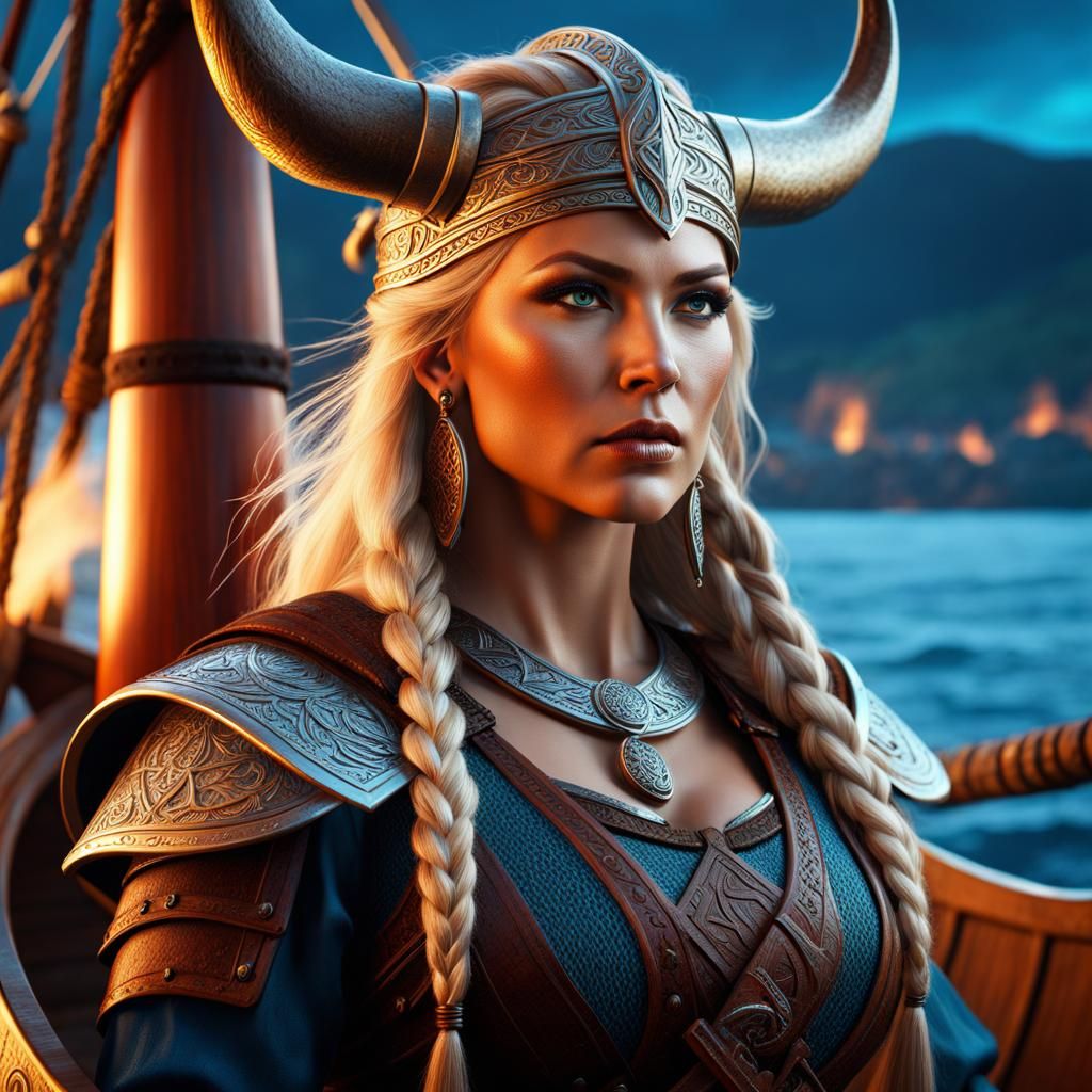 Viking Sorceress on Longship: Hyperrealistic Photo