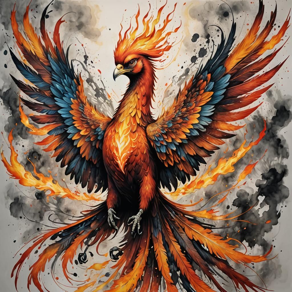 Majestic Fiery Phoenix Mixed Media Art Masterpiece