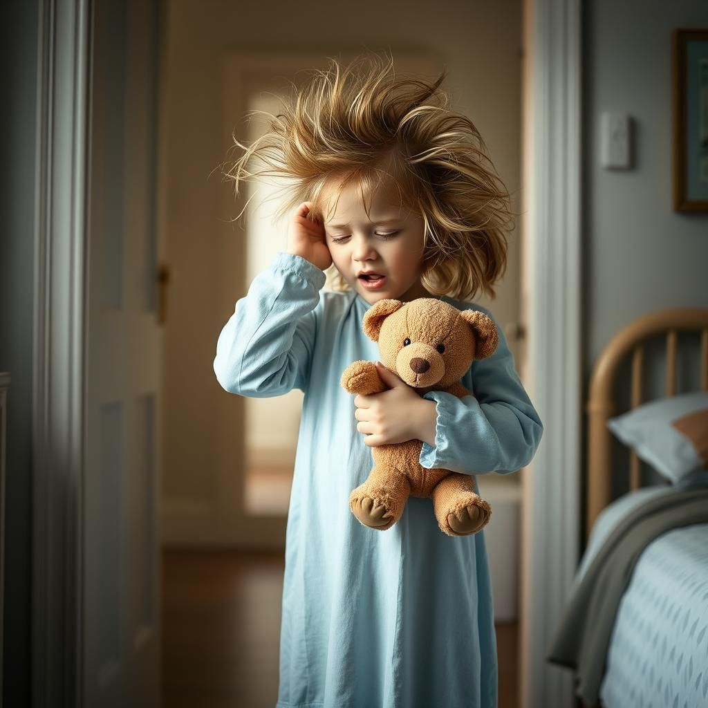 Sleepy Girl with Teddy Bear in Morning Light