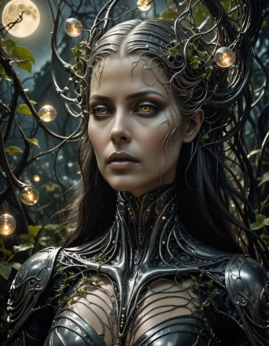 Futuristic Woman in Biomechanical Garden with Ethereal Light