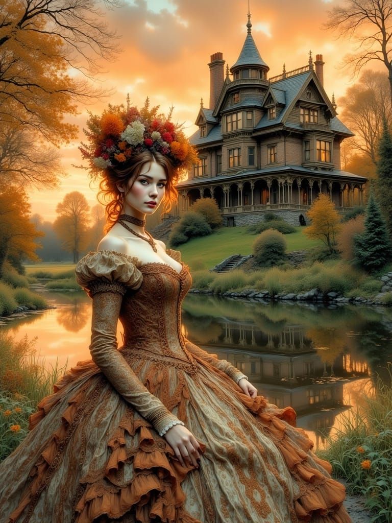 Victorian Lady by Pond at Sunset, Pre-Raphaelite Style