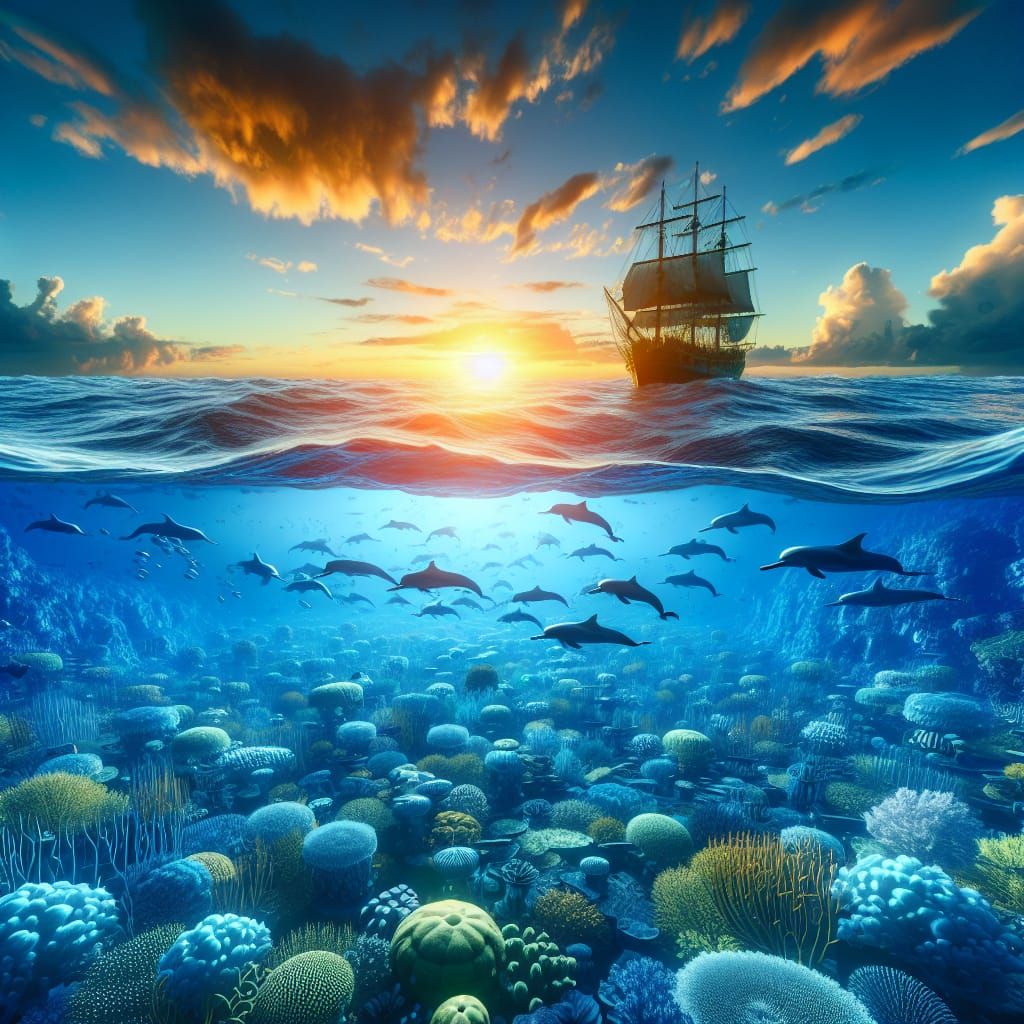 Underwater World of Vibrant Coral and Sunset Ship