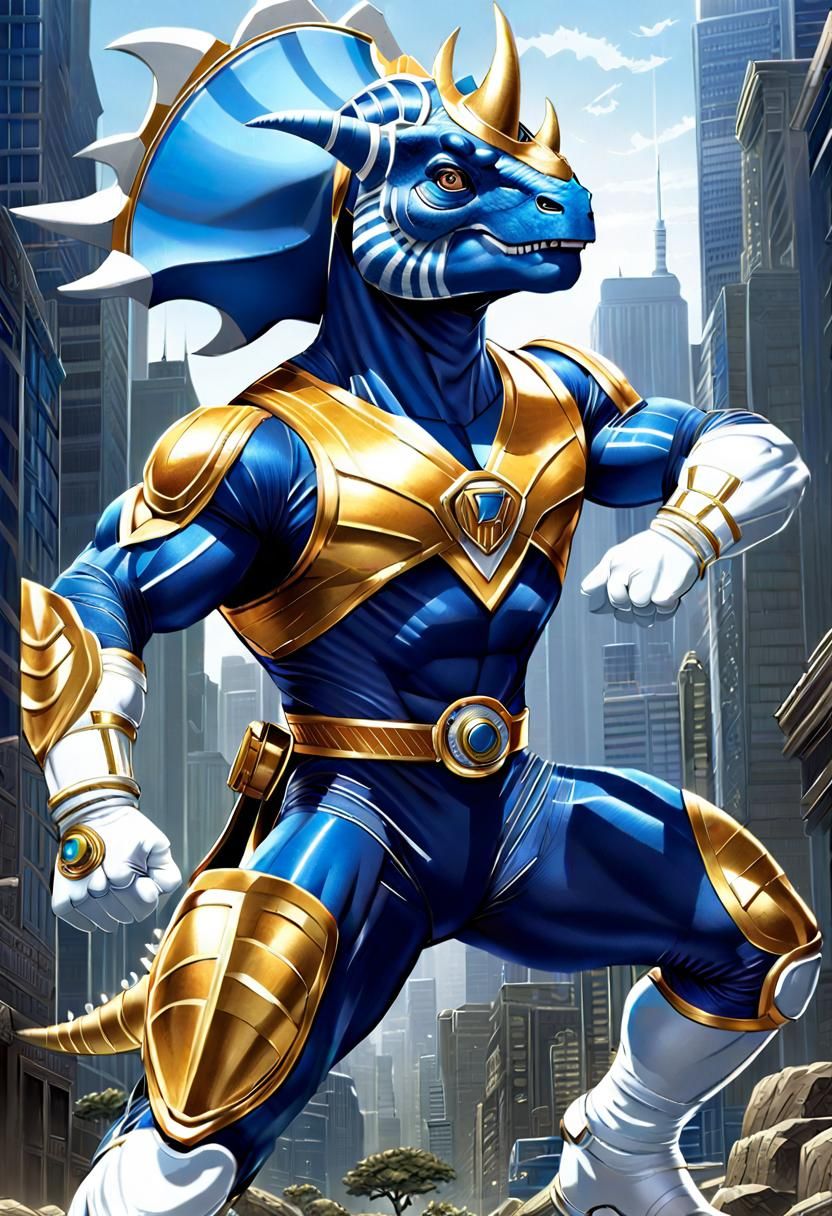 Hypermuscular Blue Triceratops Ranger in Cityscape
