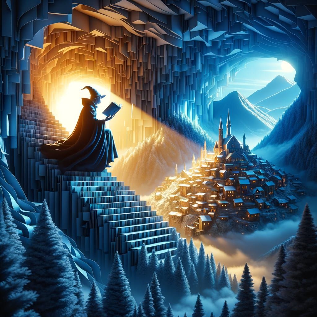 Wizard Ascends Paper Stairway to Enchanted Fantasy Town