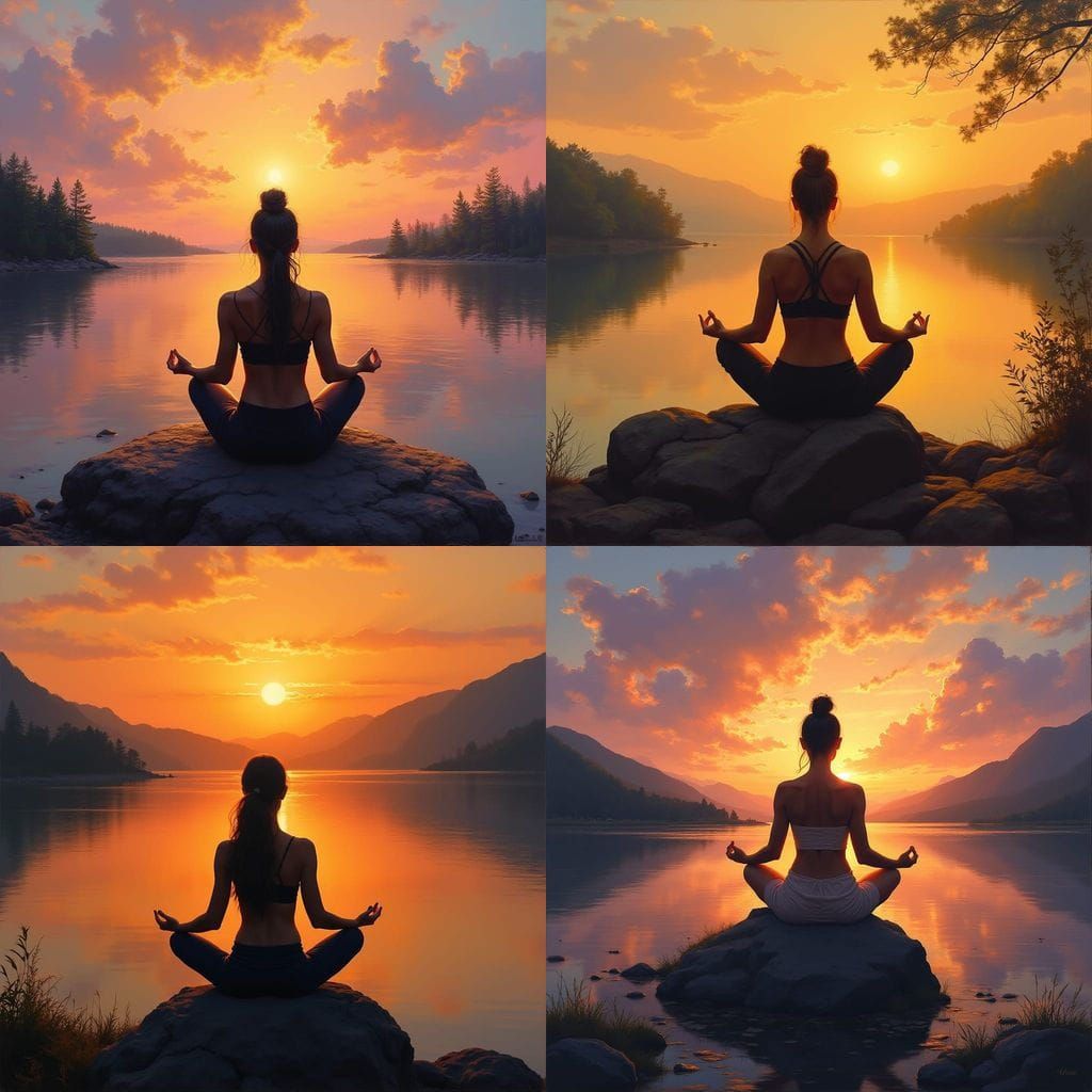 Woman in Zen Pose at Sunrise Over Lake