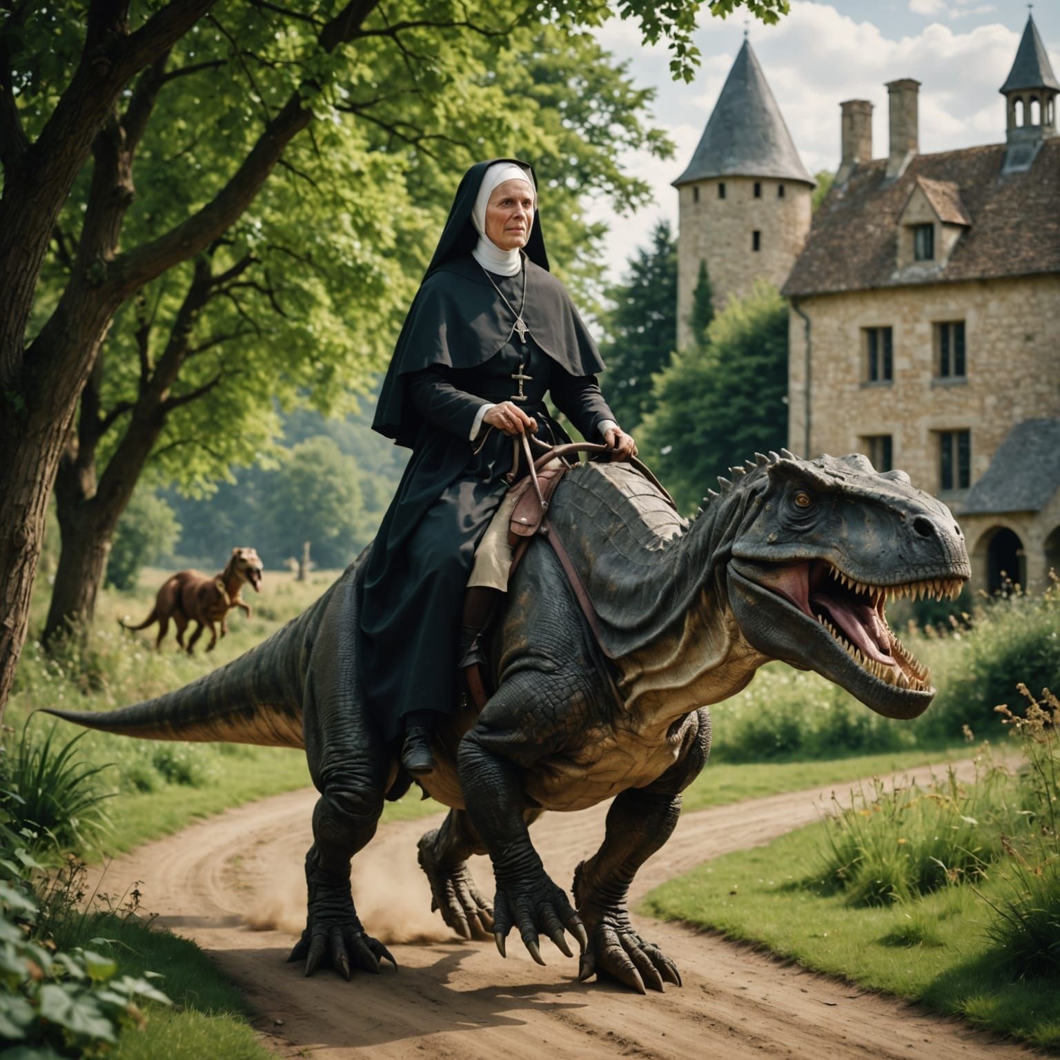 Nun Rides T-Rex in Rural France: Pre-Raphaelite Style