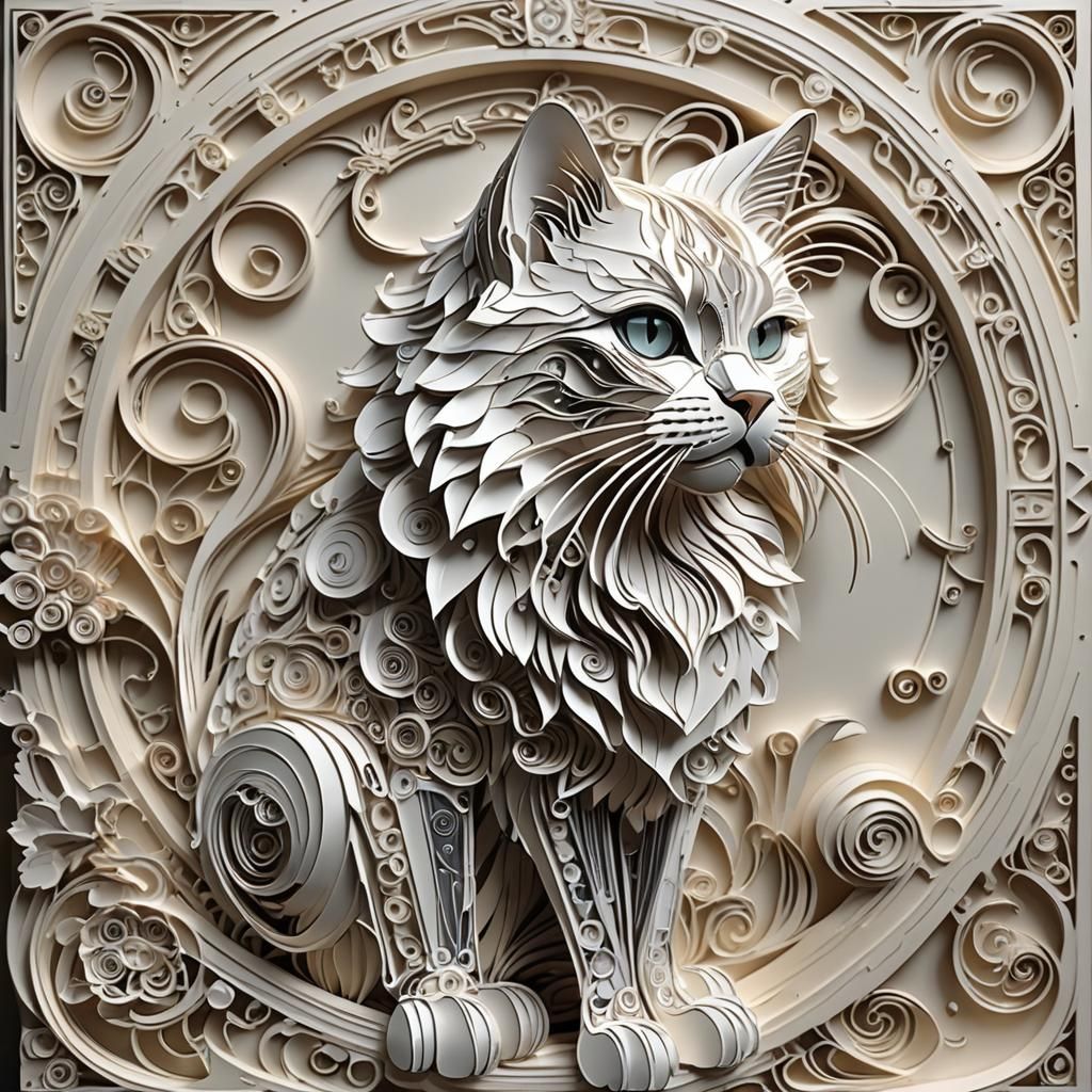 Futuristic Art Deco Cat in Monochromatic Style