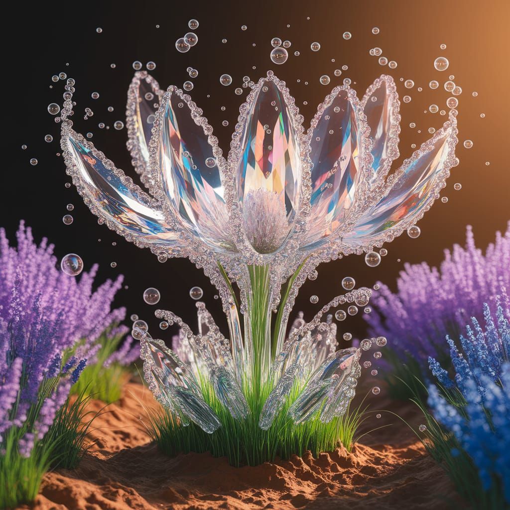 Crystal Water Flower Blooms Amidst Emerald Grasslands