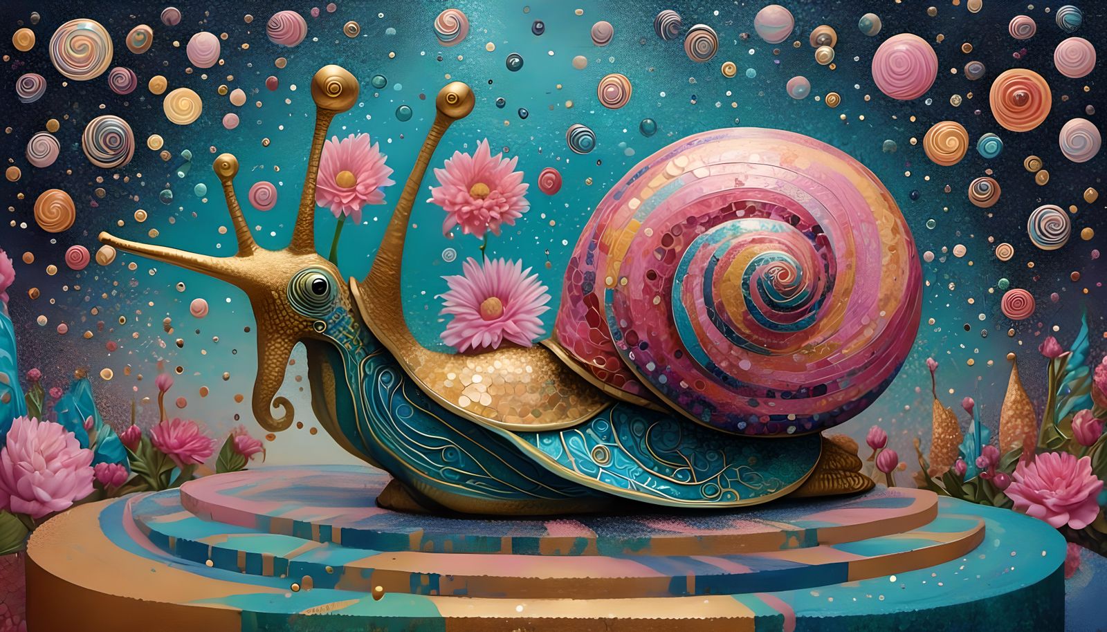 Pointillist Cosmic Snail with Gold Filigree