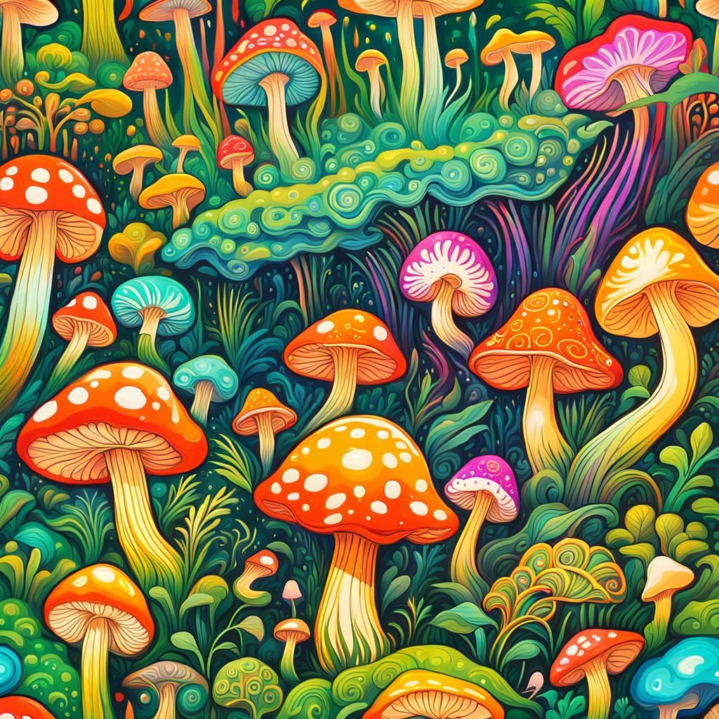 Psychedelic Mushroom Meadow in Amazonian Folk Art Style