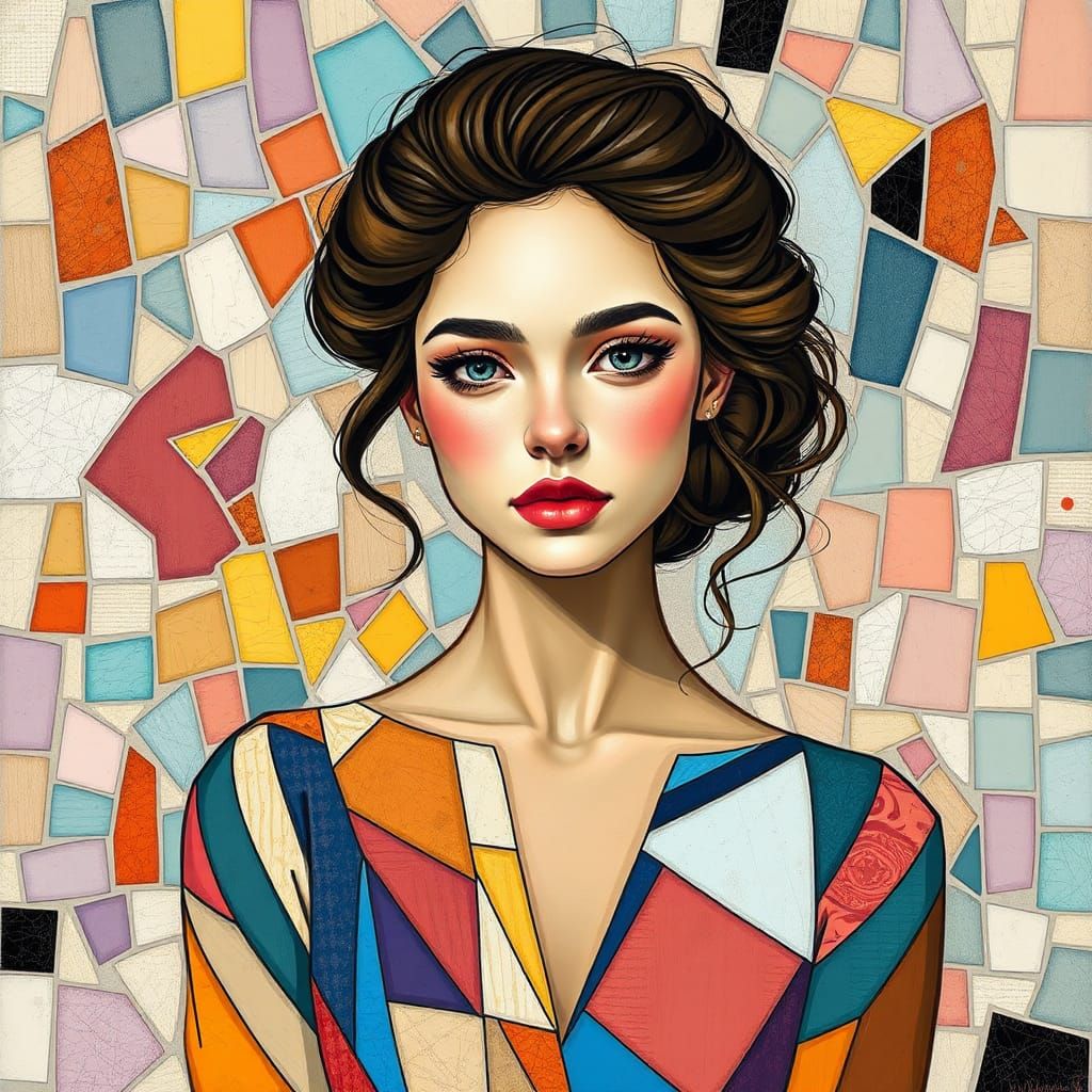 Cubist Woman in Geometric Dress with Abstract Shapes