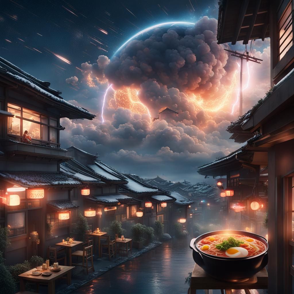 Magical Ramen Under Meteor Shower: Digital Matte Painting