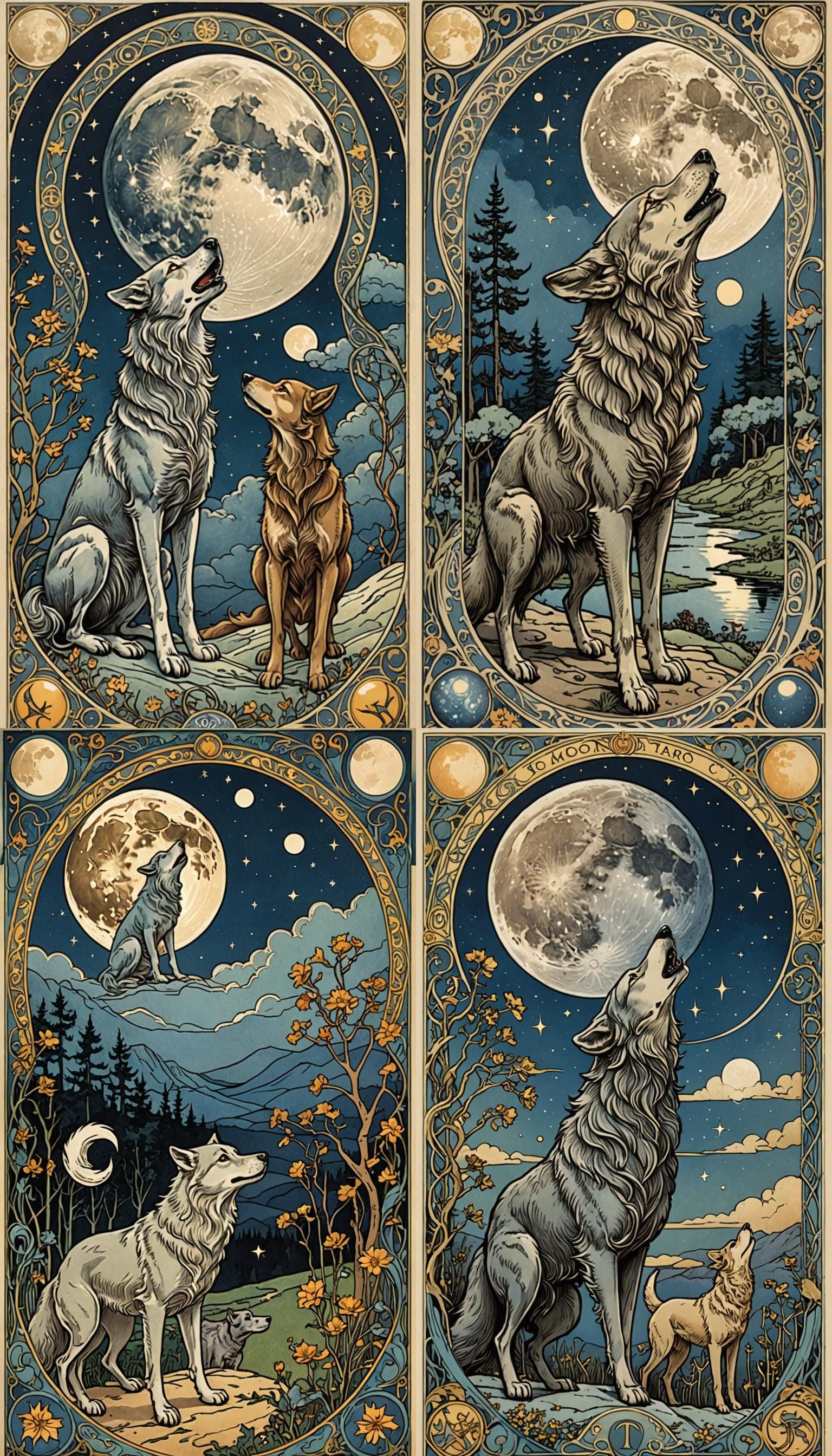 Art Nouveau Moon Tarot Card with Howling Animals