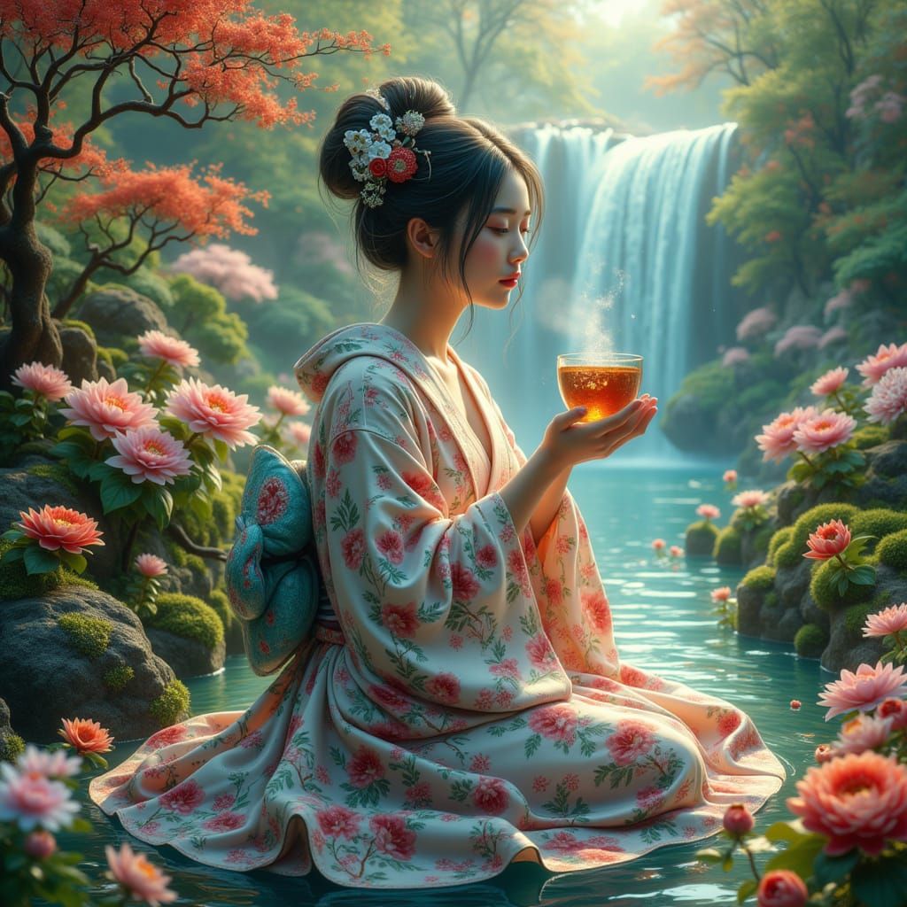 Geisha in Bioluminescent Japanese Garden