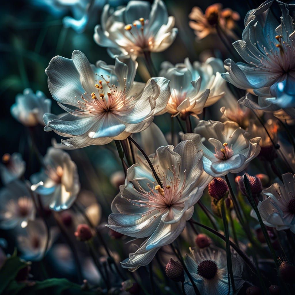 Surreal Garden with Translucent Flowers in Bloom