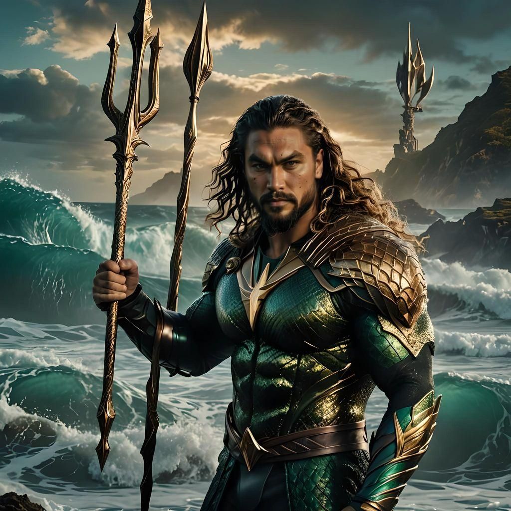 Jason Momoa as Aquaman Holding Staff
