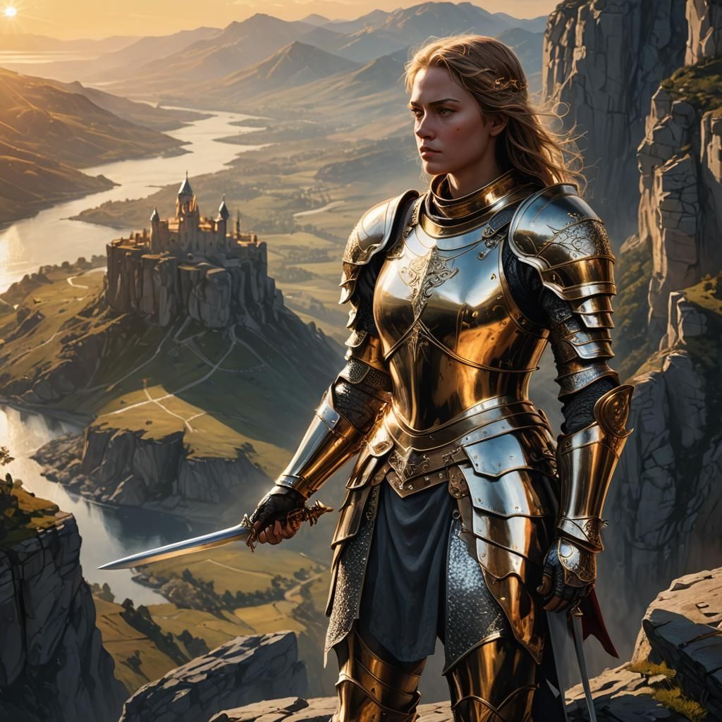 Heroic Knight in Shining Armor at Sunset