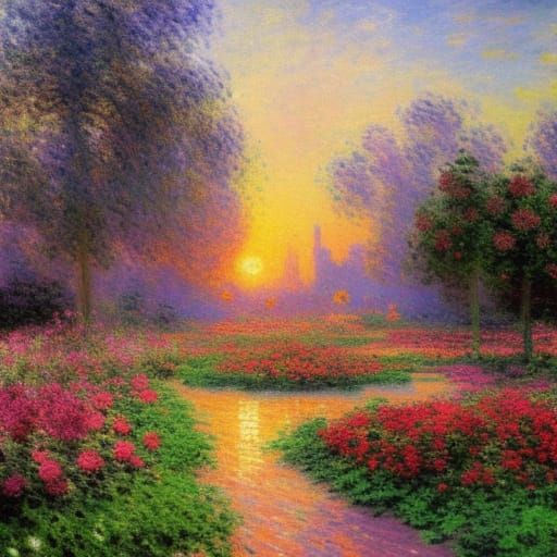 Rose Garden Sunset in Impressionist Style