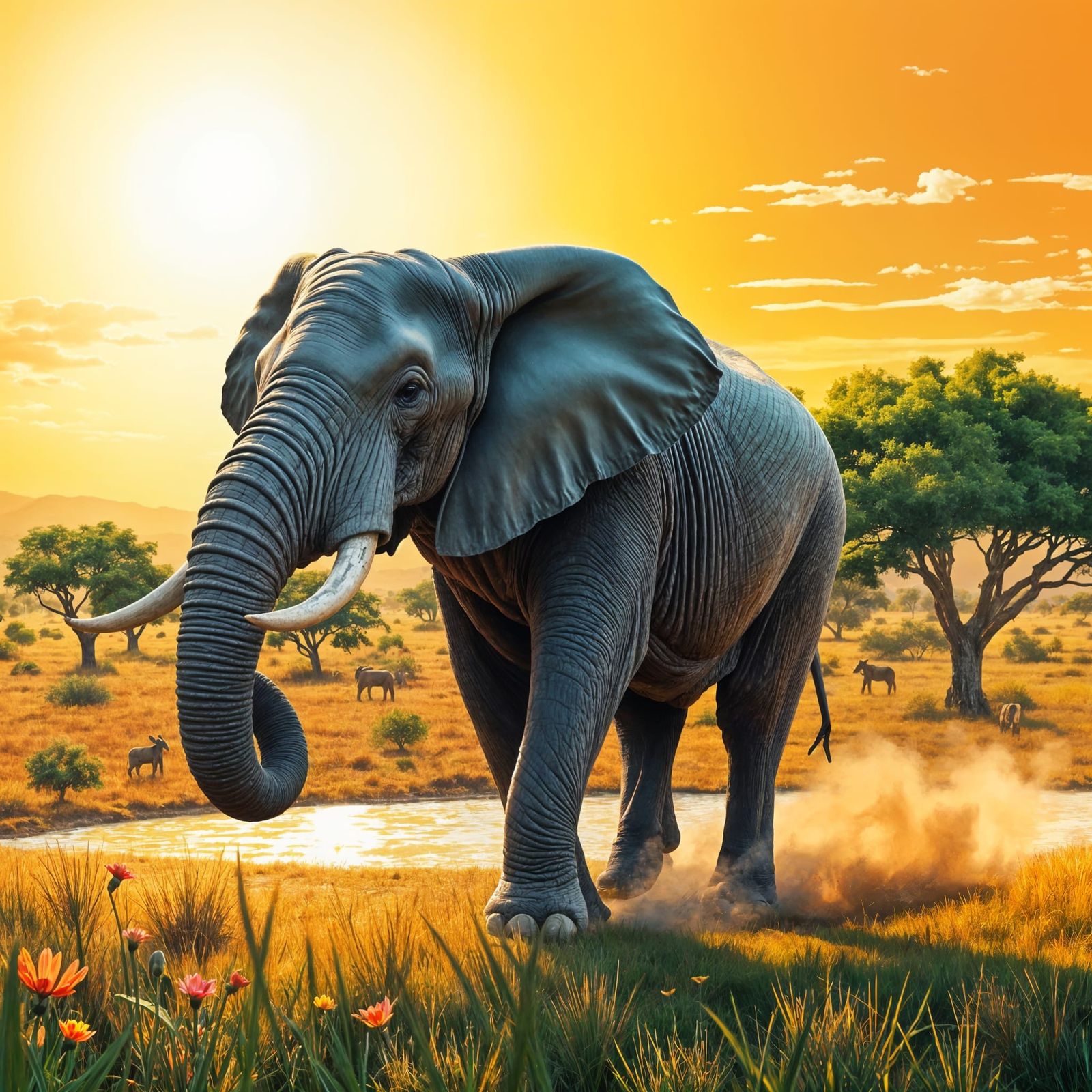 Majestic Elephant in Serene Savannah Landscape