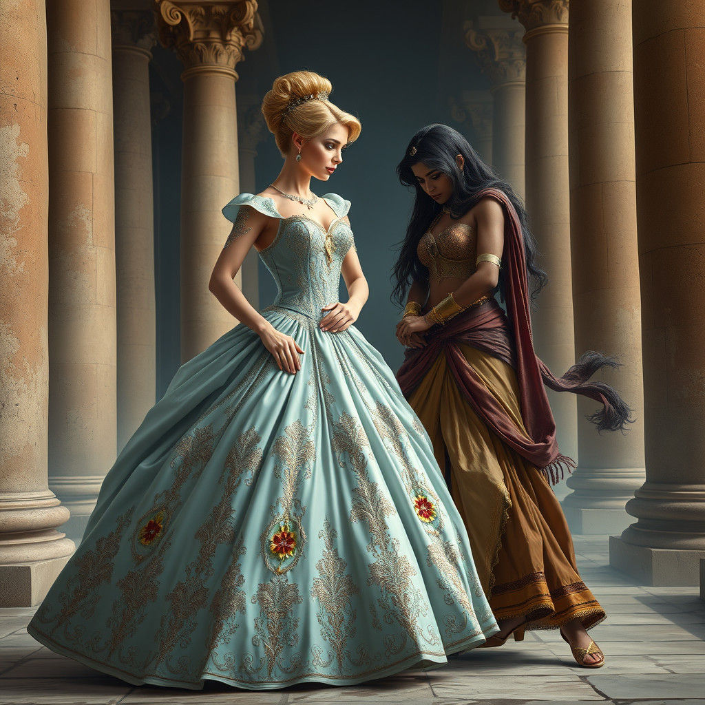 Cinderella Confronts Jasmine in Renaissance Surrealism