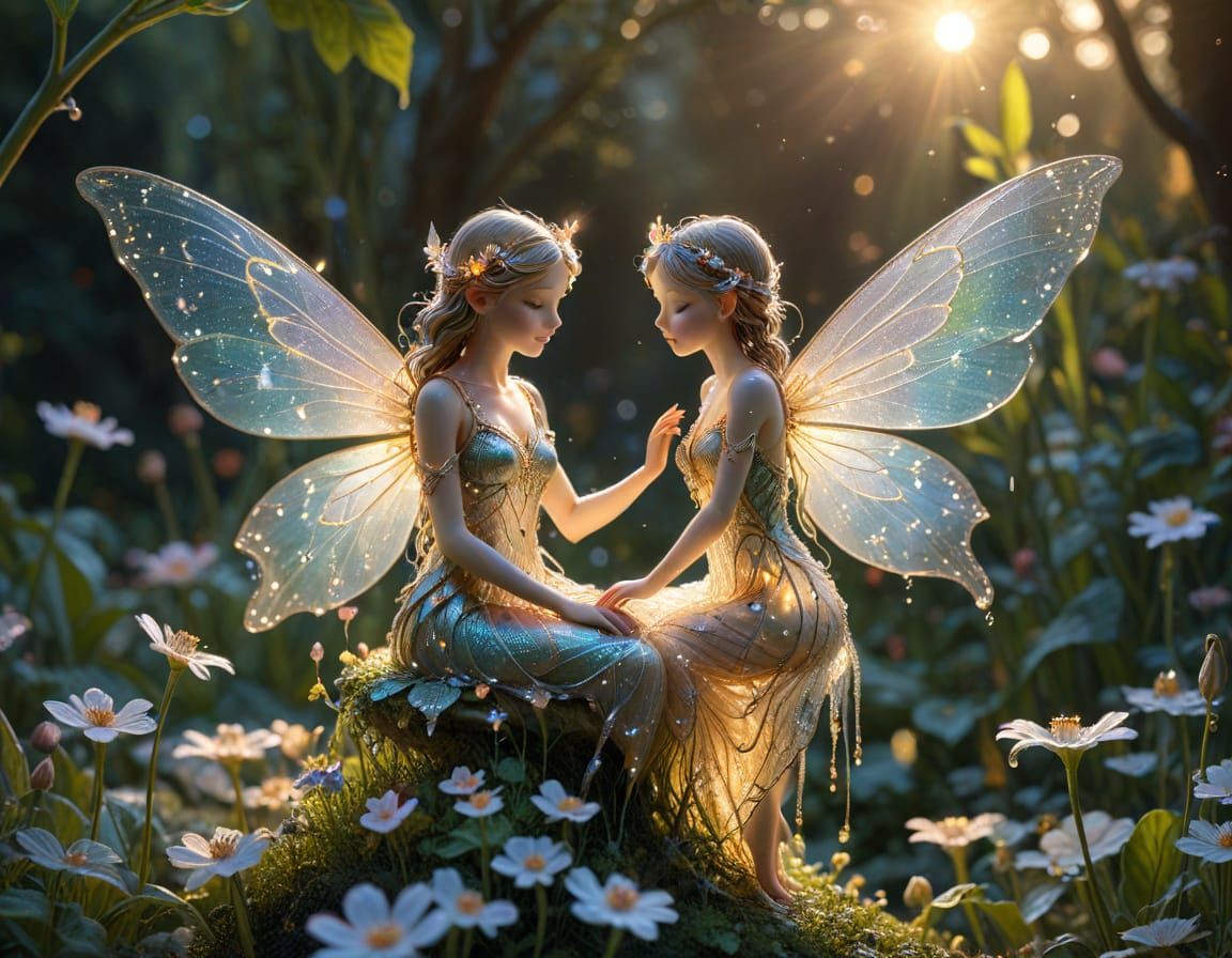 Ethereal Fairy on Dewdrop at Sunrise