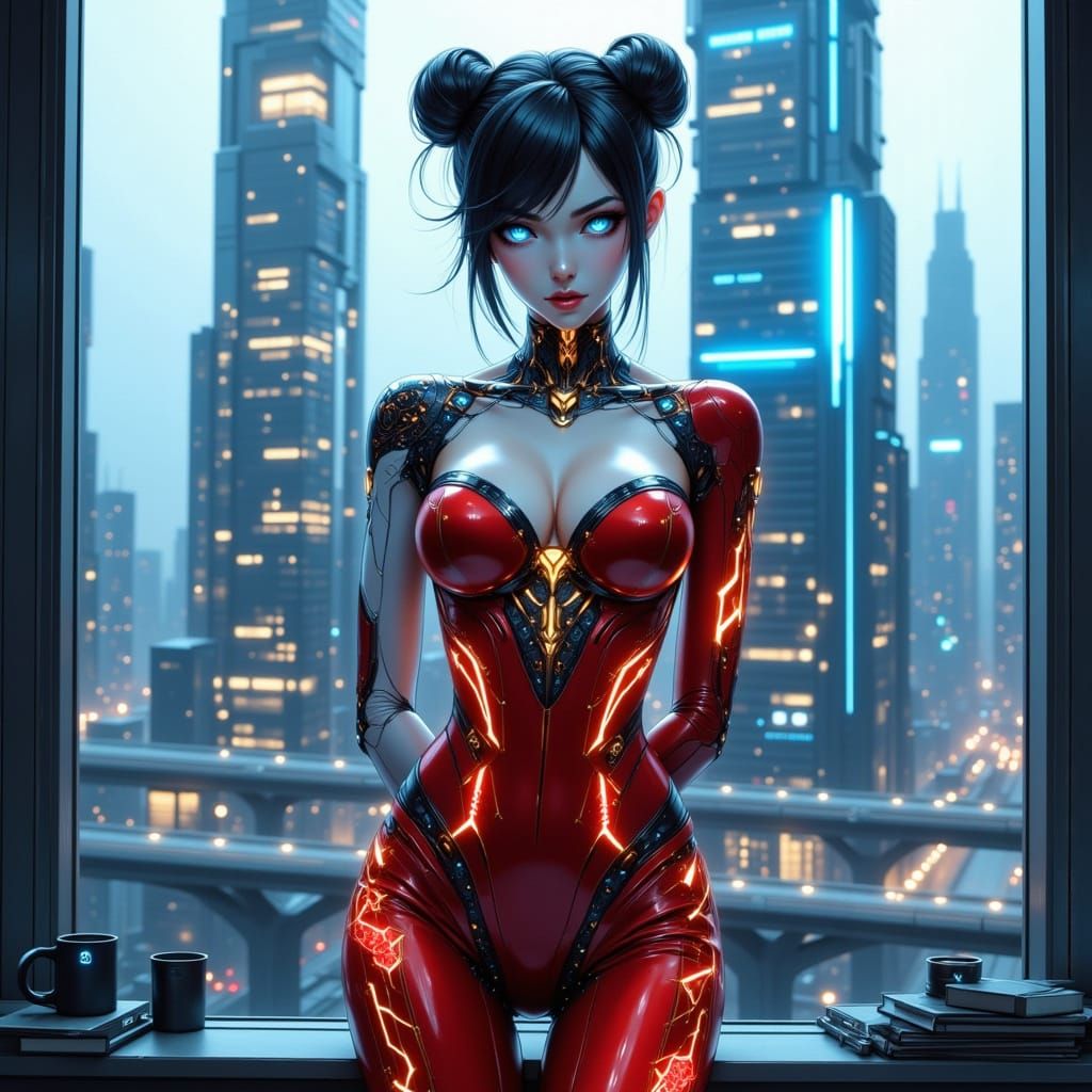 Cyberpunk Robot Woman Exudes Power in Futuristic Office