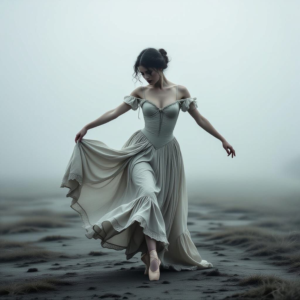 Ethereal Ballerina's Sorrowful Dance on Misty Plain