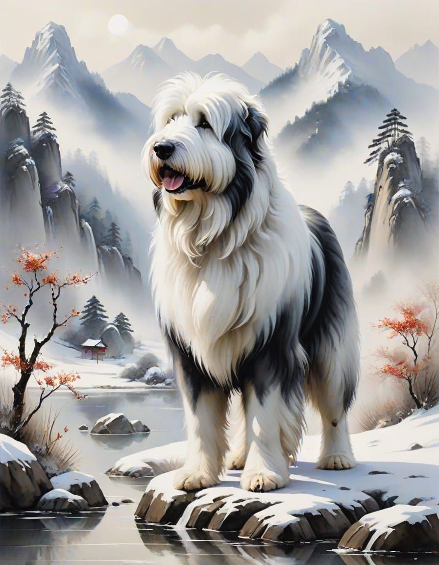 Ethereal English Sheepdog in Snowy Shan Shui Landscape