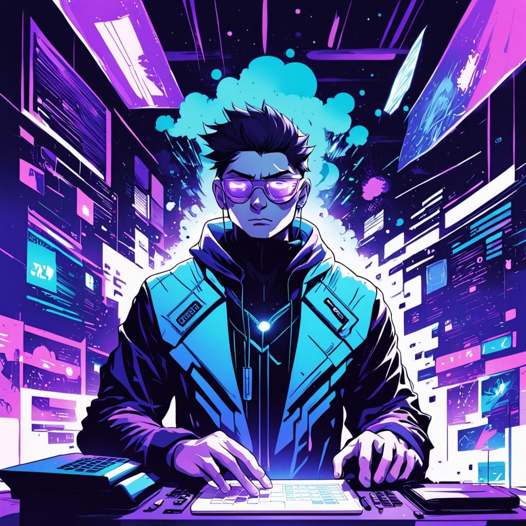 Cryptocurrency Analyst Works Through Night in Futuristic Stu...