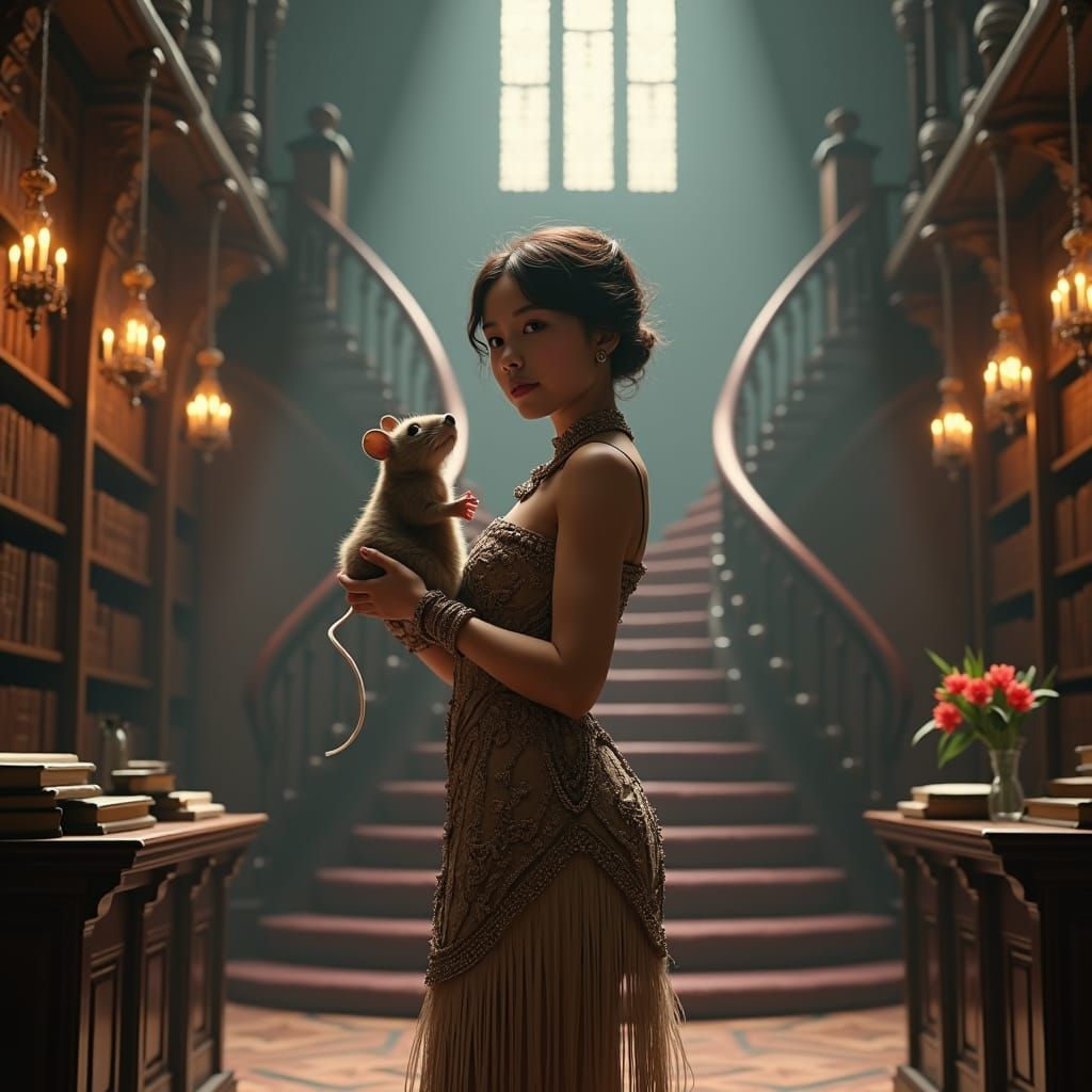 Flapper Girl with Mouse in Mystical School