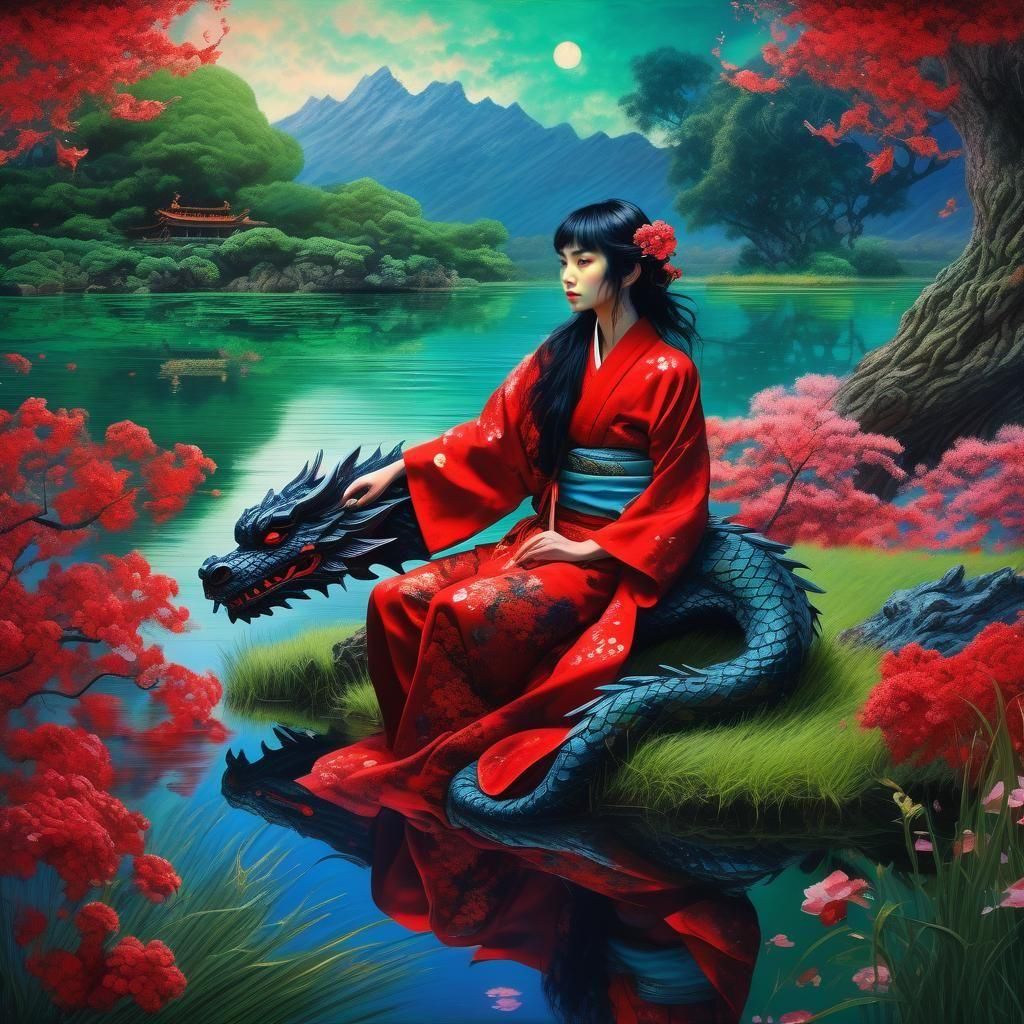 Dawn Lake Scene with Dragon in Fantasy Art Style