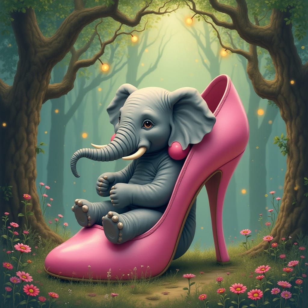Surreal Elephant Enchantress in Whimsical Pink Heel Shoe