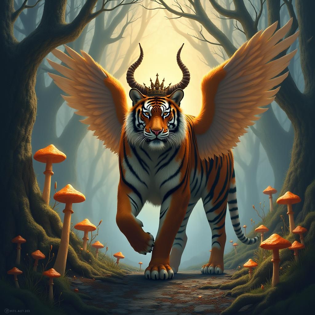 Regal Tiger with Crown and Wings in Ethereal Landscape