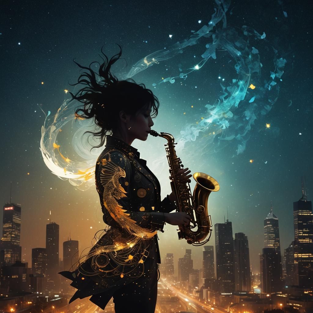 Steampunk Phoenix Plays Saxophone in Starry Night