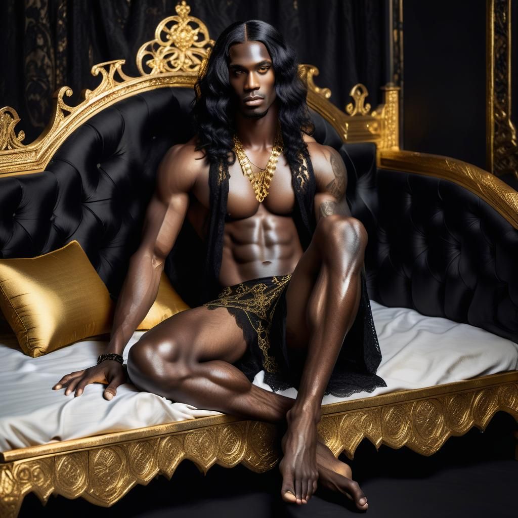 Elegant Black Man in Gothic Setting with Gold Accents