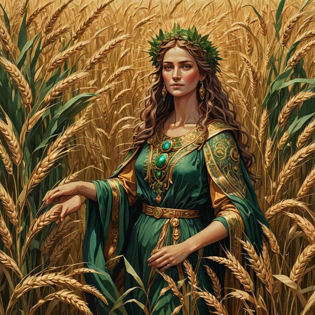 Demeter, Goddess of Harvest in Golden Wheat Field